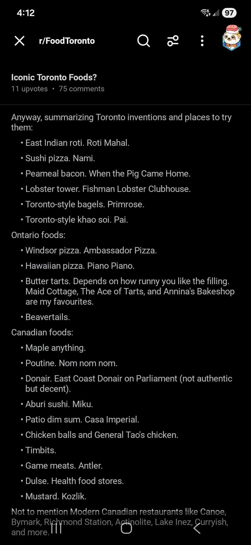 Screenshot of a Toronto best-foods article